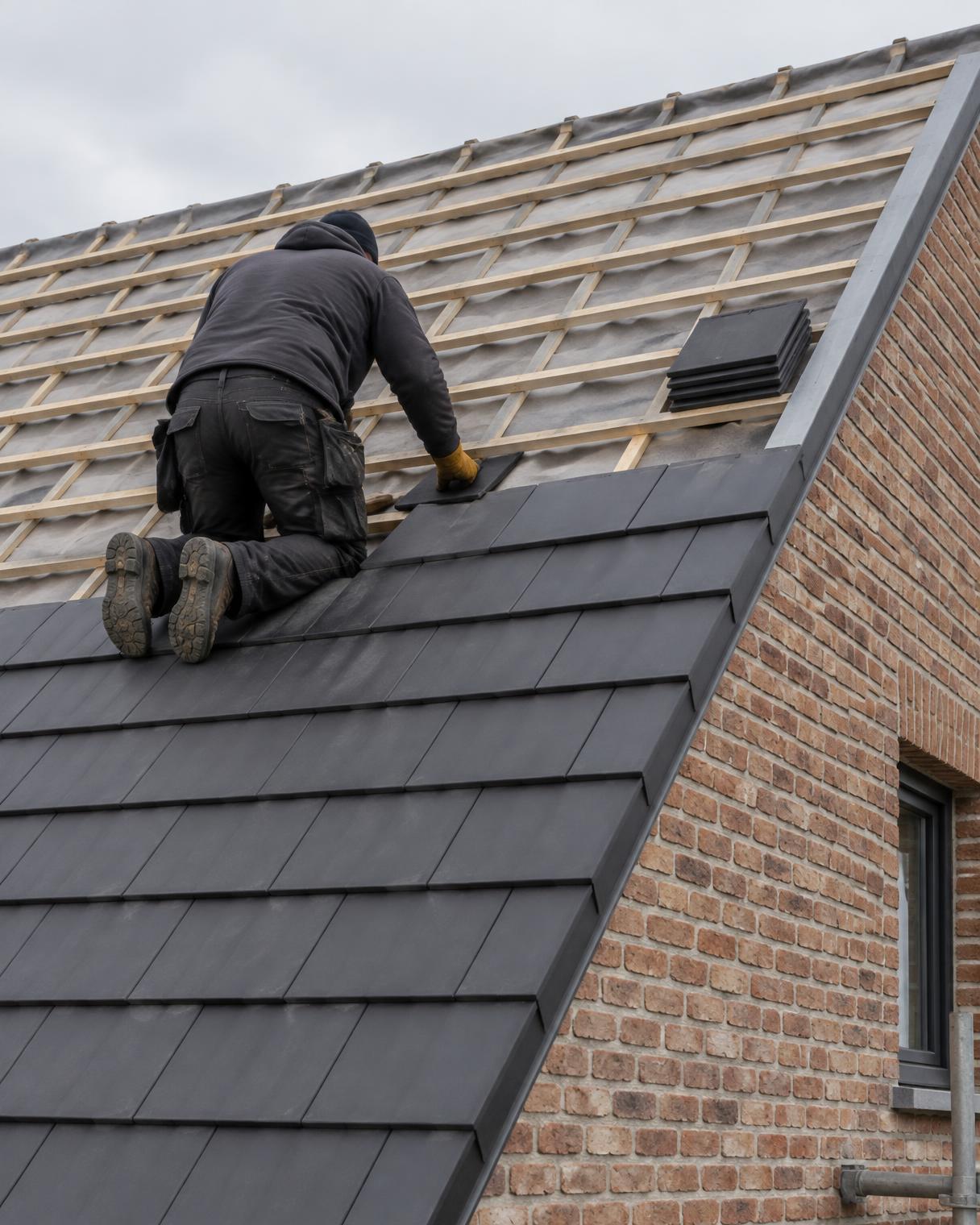 Dakwerker op de panlatten van een half afgewerkt hellend dak met nieuwe antracieten pannen, gelegd door Merchiers Dak en Woningrenovatie