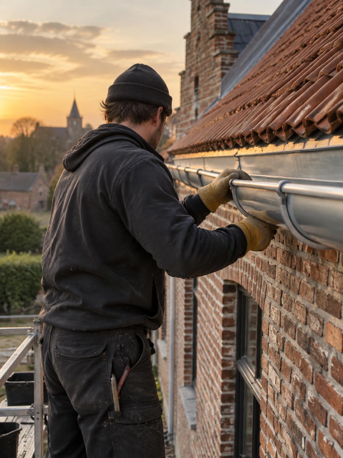 Jianni Merchiers plaatst een zinken goot aan een Vlaamse woning in de Vlaamse Ardennen
