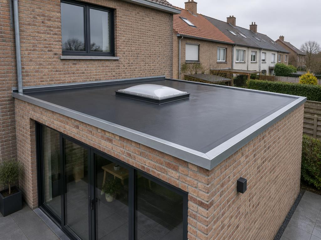 Plat dak met zwarte EPDM van Mastersystems en een koepel, geplaatst door Merchiers Dak en Woningrenovatie