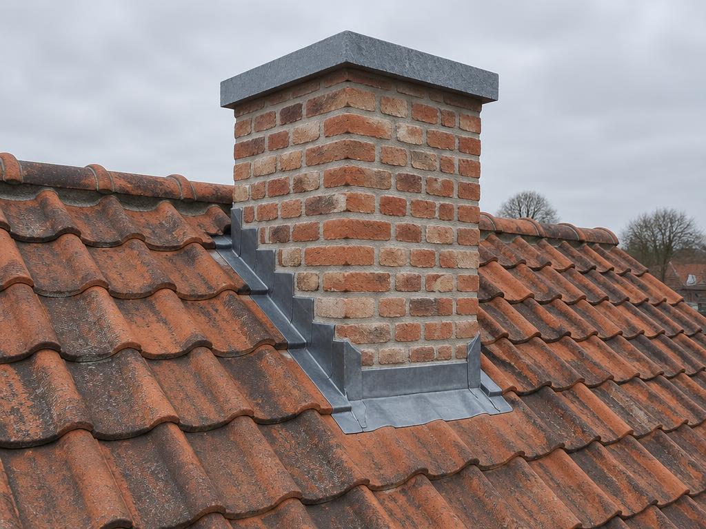 Herstelde schouw met nieuwe blauwstenen afwerking en volledige pannen, hersteld door Merchiers Dak en Woningrenovatie
