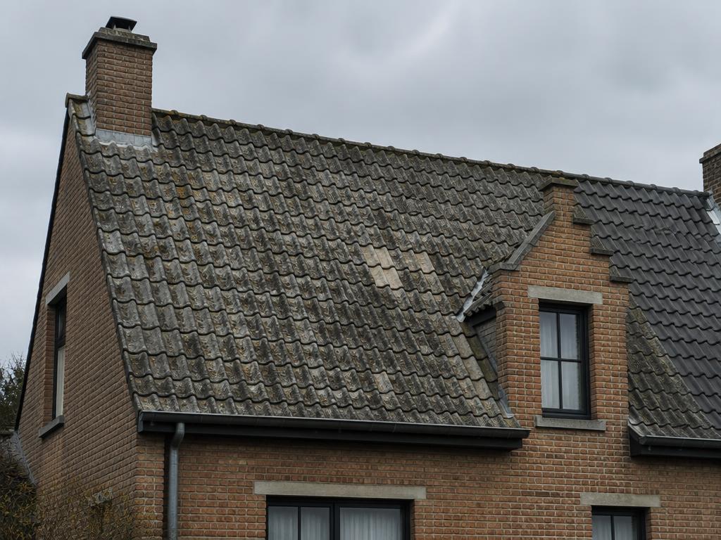 Versleten betonpannen op een woning vóór de vernieuwing door Merchiers Dak en Woningrenovatie