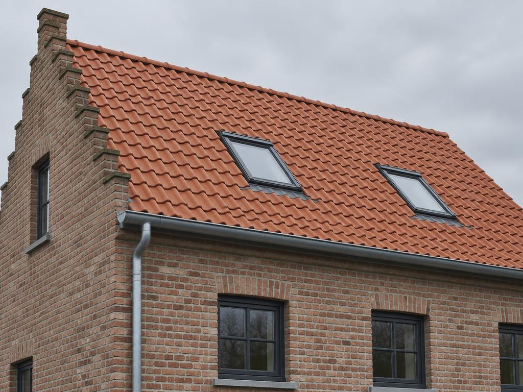 Nieuw dak met Koramic Tradiva natuurrode pannen, een zinken goot en twee Velux-dakramen, gelegd door Merchiers Dak en Woningrenovatie