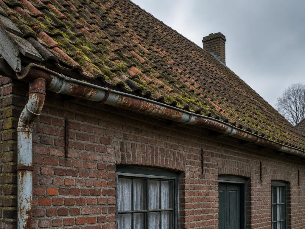 Oud dak met bemoste pannen en een doorgezakte goot, vóór de werken door Merchiers Dak en Woningrenovatie