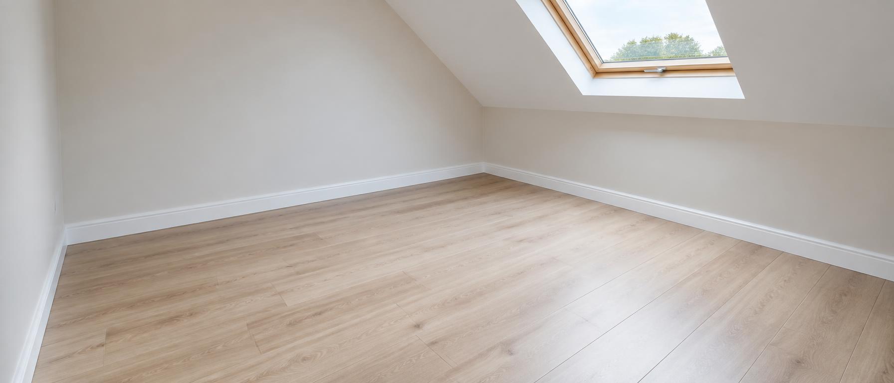Afgewerkte slaapkamer met nieuw licht laminaat en witte plinten in verstek, geplaatst door Merchiers Dak en Woningrenovatie