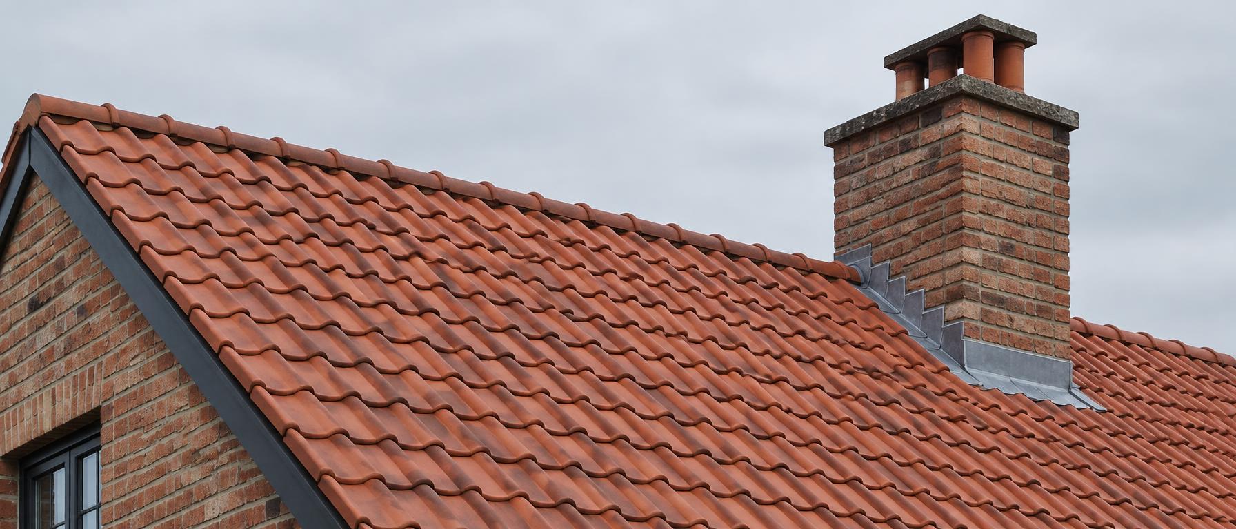 Vers gelegde natuurrode dakpannen met een in lood gezette schouw op een Vlaamse woning, gelegd door Merchiers Dak en Woningrenovatie