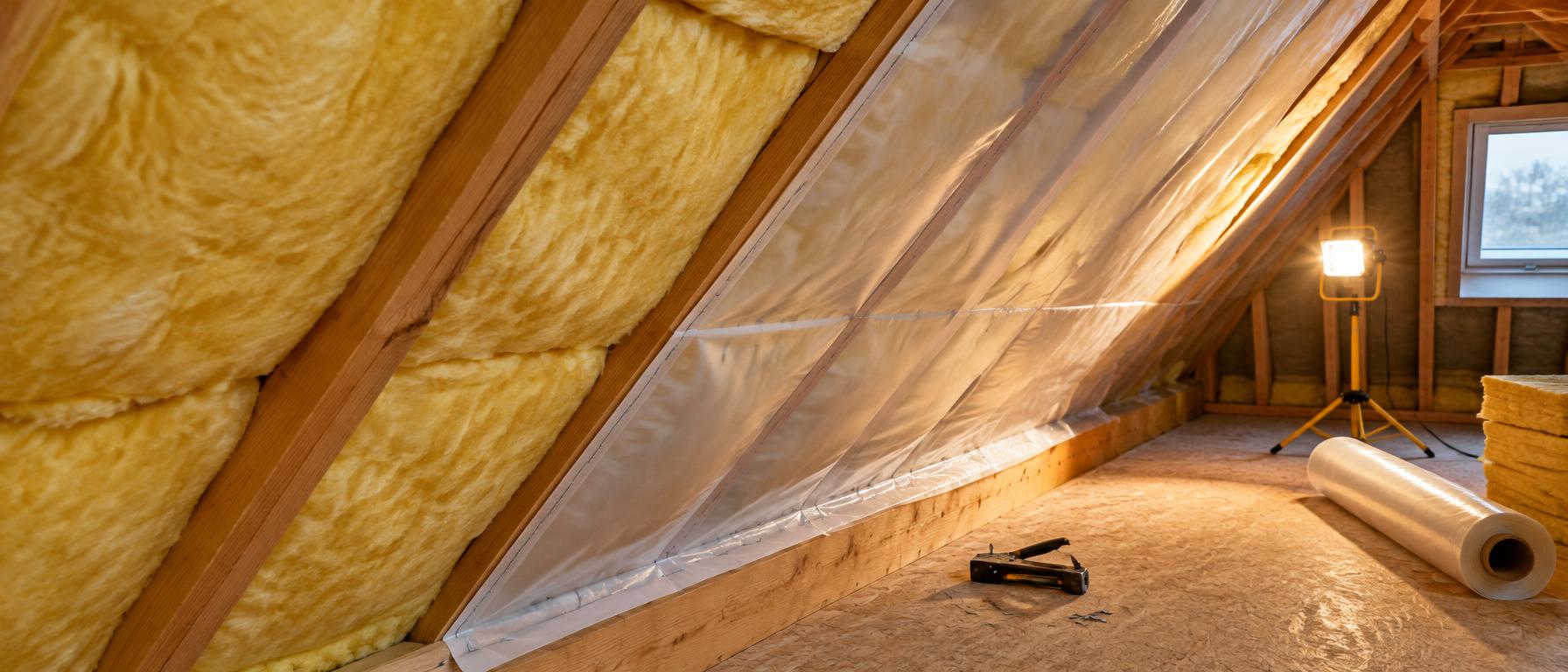 Zolder in renovatie met gele glaswol tussen de kepers en een dampscherm dat eroverheen wordt gezet, geplaatst door Merchiers Dak en Woningrenovatie