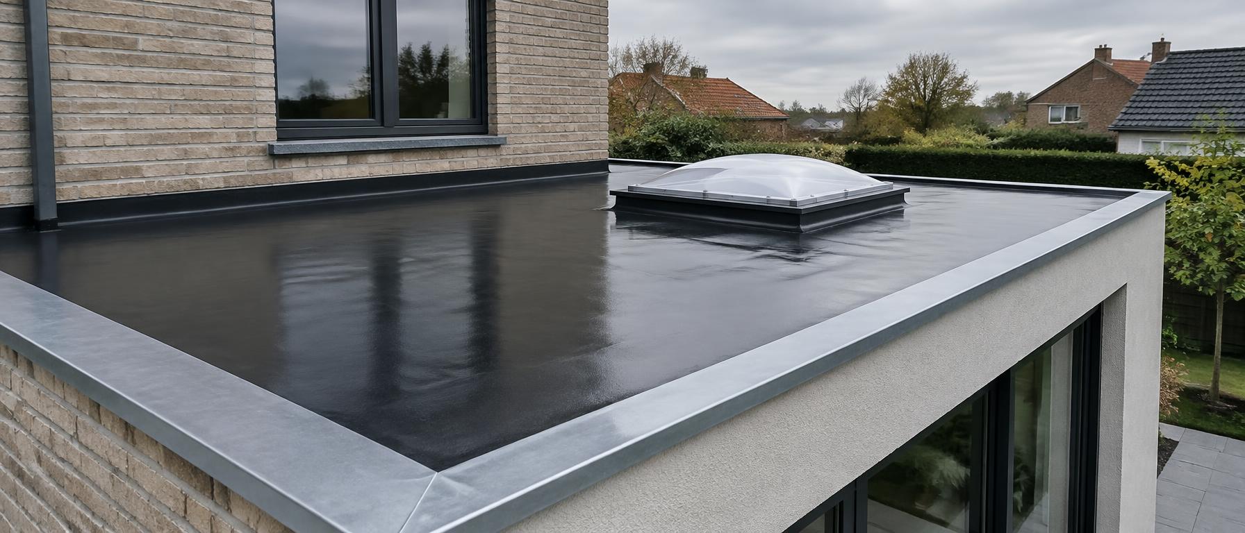 Nieuw plat dak met zwarte EPDM, een koepel en een zinken dakrand op een Belgische aanbouw, geplaatst door Merchiers Dak en Woningrenovatie