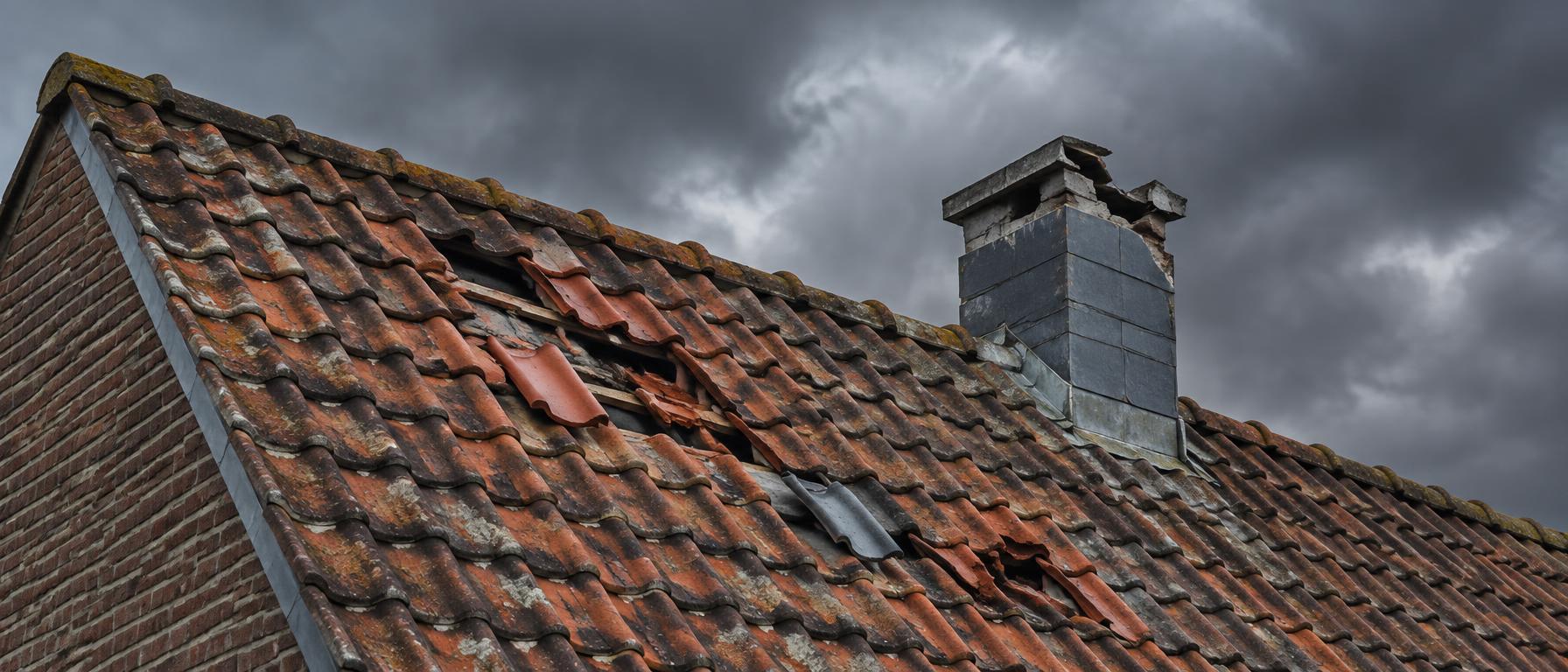 Hellend dak met verschoven en gebroken pannen en een beschadigde blauwstenen schouwafwerking na een storm